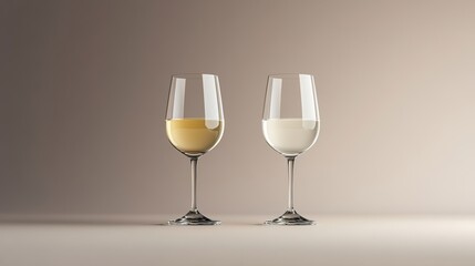 Fototapeta premium Elegant wine glasses with white and yellow wine on a soft gradient background.