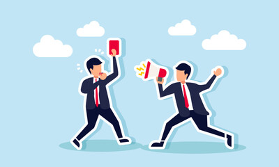 A businessman acting as a referee shows a red card to another businessman using a megaphone, illustration of an ethical violation in promoting a business.
