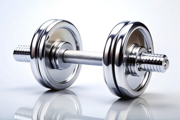 Naklejka premium A modern dumbbell lies prominently centered on a sleek white background, its metallic surface reflecting light, evoking a sense of fitness, strength, and athletic determination.