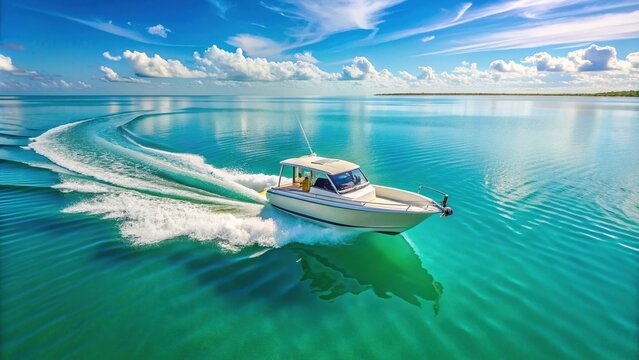 A sleek, white boat with a shiny outboard motor glides across calm turquoise waters, leaving a trail of ripples and reflections in the sunny marine landscape.