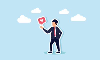 A businessman shows a like or heart sign, illustration of agreement with or appreciation for a business partner's opinion or something related to the business