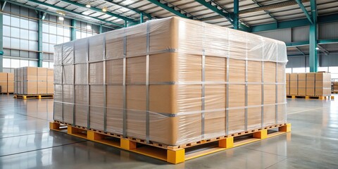 A tightly wrapped pallet of boxes secured with clear shrink film, ready for shipping or storage, on a warehouse or factory floor background.