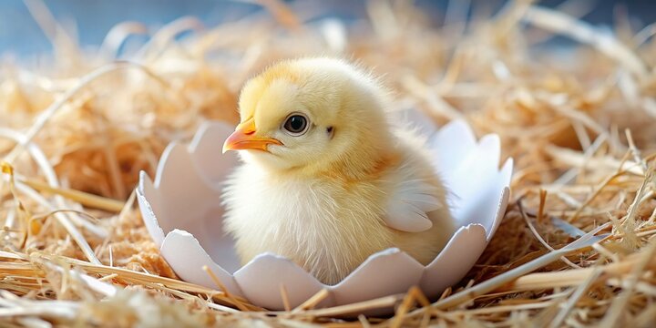 Adorable newborn chick pecks out of its shell, surrounded by fragments of egg white, nestled in a soft, downy bed of hay and fluff.