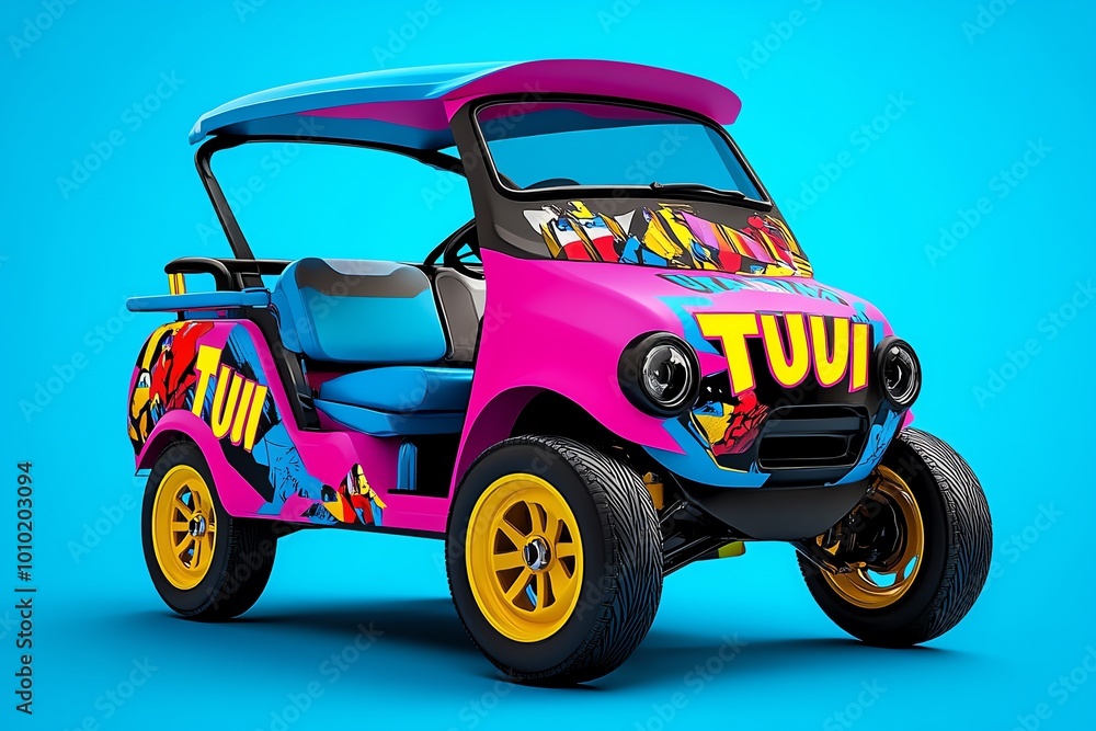 Poster Abstract minimalist design of a Tuk Tuk, blending sharp geometric forms with vivid colors to capture the essence of the iconic three-wheeled vehicle.