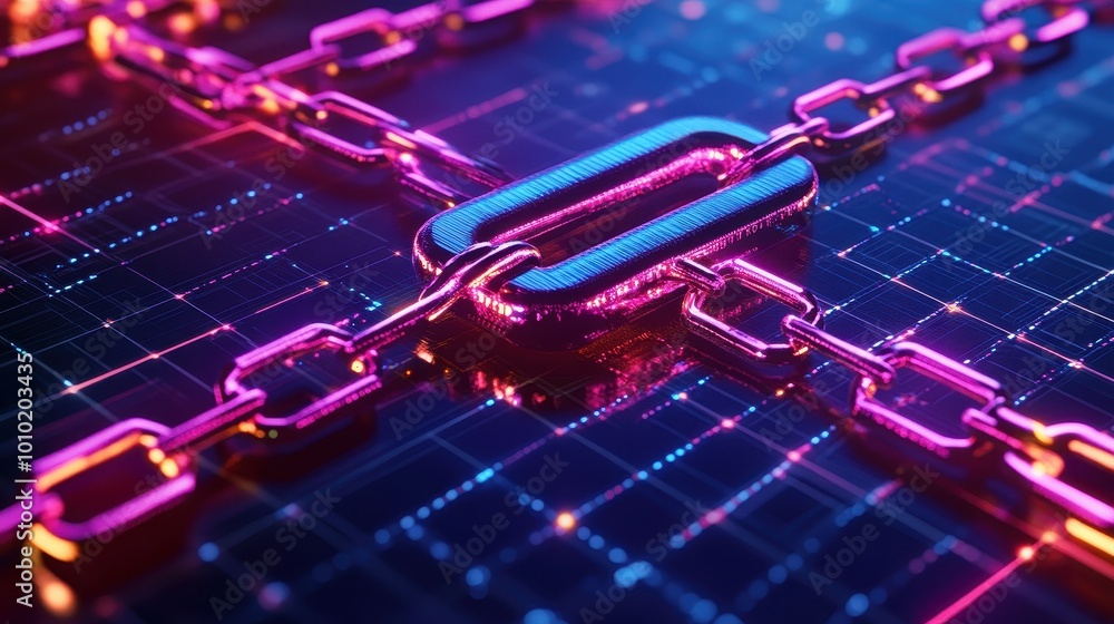 Poster futuristic digital blockchain network with glowing chains and connections
