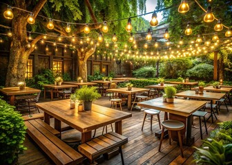 Fototapeta premium Cozy outdoor seating area at a rustic restaurant surrounded by lush greenery, wooden tables, and twinkling string lights on a warm summer evening.