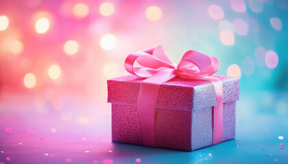 Obraz premium A sparkling pink gift box with a ribbon, set against a dreamy bokeh background with warm and cool tones, exuding a festive and celebratory mood.