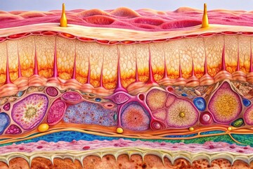 Delicate human skin and underlying soft tissue are revealed in a detailed, magnified cross-section, showcasing intricate layers and fibrous structures in vivid color.