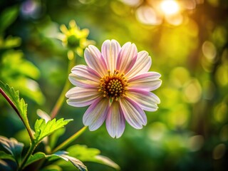 Fototapeta premium Delicate petals of a blooming wildflower unfold against a blurred background of lush green foliage, symbolizing harmony between nature and environmental sustainability.