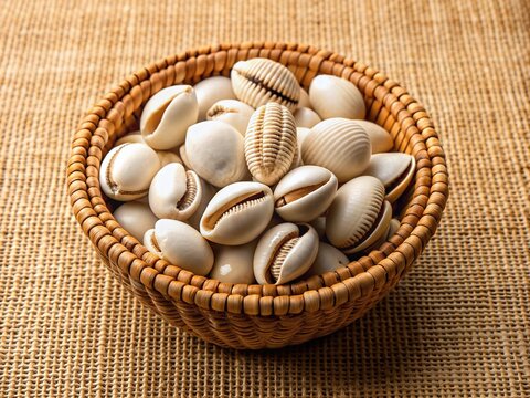 Delicately arranged cowry shells, traditionally used as currency in some African cultures, are scattered on a natural fiber woven basket against a warm beige background.