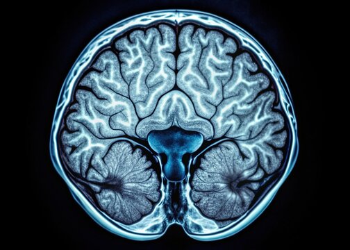 Detailed cross-sectional image of the human brain from a CT scan, showcasing gray and white matter, cerebral cortex, and ventricles in high-contrast resolution.