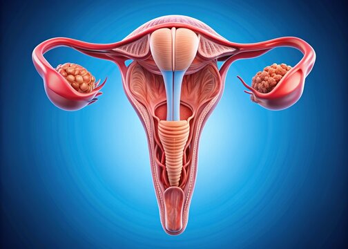 Detailed illustration of the female reproductive system showing uterus, ovaries, fallopian tubes, and cervix with subtle shading and accurate anatomical proportions.