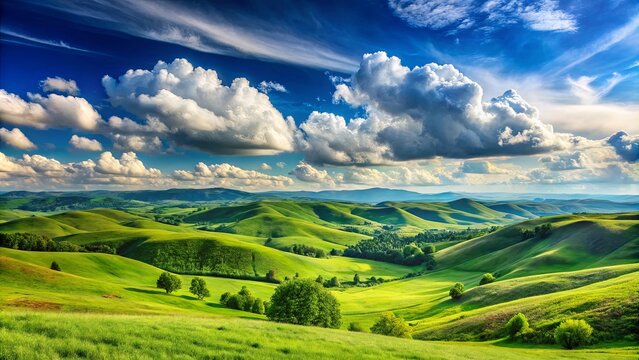 A picturesque landscape with rolling hills and lush greenery, adorned by a vibrant blue sky and fluffy white clouds
