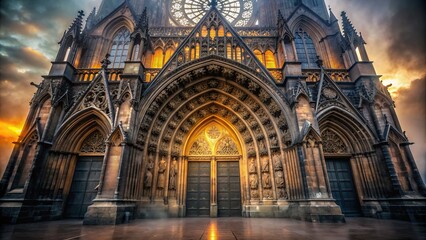 Obraz premium Elegant black gothic arches and ornate stone carvings adorn the entrance of a mysterious, ancient cathedral shrouded in mist and eerie, golden light.