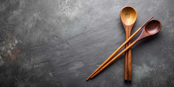 Elegant arrangement of a wooden spoon and pair of chopsticks on a minimalist background, symbolizing cultural fusion and culinary diversity.