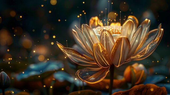 close up capture of a beautiful and glowing golden flower in an enchanted forest of magical plants, the flower looks glittering and magical with high defination petals