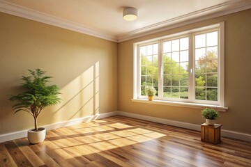 Empty corner of a cozy room with wooden floor, soft cream-colored walls, and a large window letting in a flood of warm natural light.