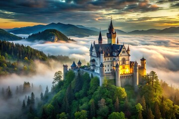 Fototapeta premium Ethereal mist swirls around a majestic, ancient castle with towering spires and grand architecture, set amidst a lush, verdant forest at twilight.
