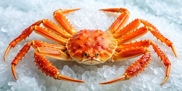 Freshly caught snow crab, Chionoecetes opilio, lies on a bed of ice, its vibrant orange and white shell glistening with dew, awaiting market sale.
