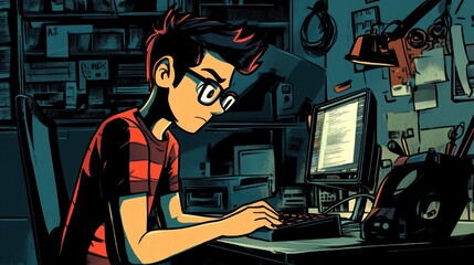 A Young Man Focused on Coding at His Desk