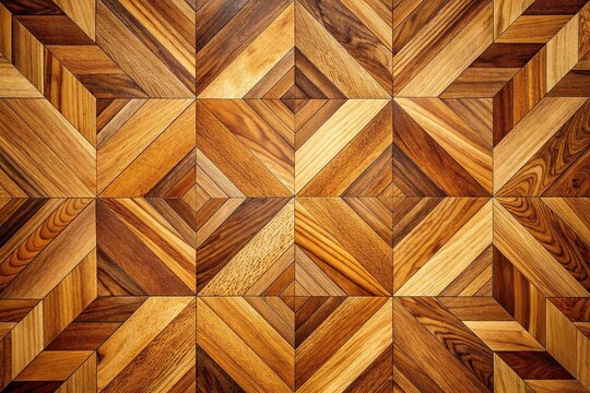 Intricately arranged wooden parquet floor pattern in a birds-eye view, showcasing a harmonious blend of geometric shapes and rich, warm wood tones.