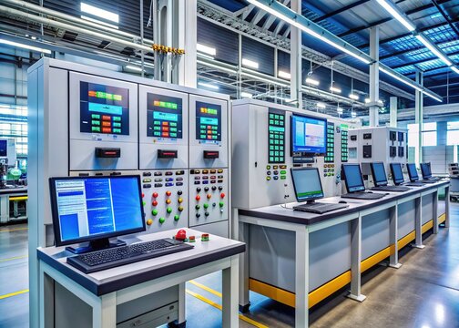 Large industrial control panel with programming workstation featuring coding screens, wires, and electronic devices, highlighting automation and manufacturing process management efficiency.