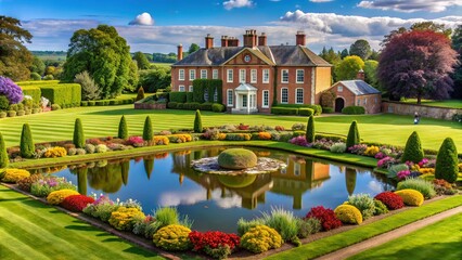 Majestic Georgian-style estate with beautifully manicured lawns, vibrant flowerbeds, and a serene lake in the idyllic English countryside.