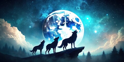 Naklejka premium Majestic wolf silhouette pack howls at moonlit sky, amidst stylized abstract shapes and textures, evoking primal power and mystique in a modern vector illustration.