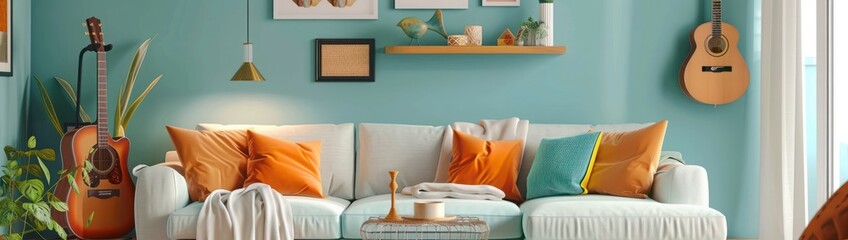 Interior of stylish living room with cozy sofa, pillows, shelves and guitar