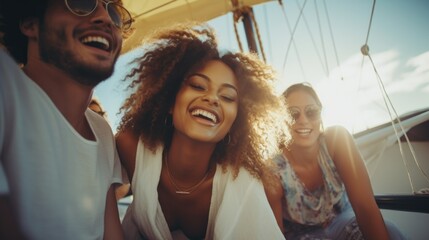 Group of diverse young people having fun doing a boat trip in summer. Concept of happy lifestyle friendship with multicultural youth.
