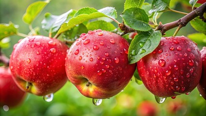 Obraz premium A cluster of ripe red apples glistening with raindrops, a symphony of nature's bounty in vivid detail.