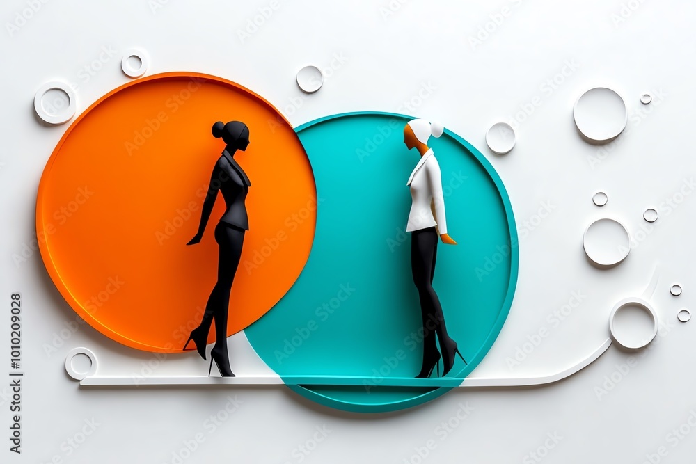 Poster Abstract minimalist design of two figures parting ways, with geometric shapes and soft colors representing the emotional distance created by goodbye