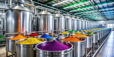 Rows of stainless steel containers lined up in a modern manufacturing facility, filled with various-colored liquids and powders, highlighting industrial chemical production process.