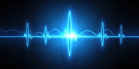 Fototapeta premium Vibrant blue light illuminates an electrocardiogram's wavy lines and heartbeat rhythm on a dark background, symbolizing medical diagnosis, health monitoring, and technological innovation.