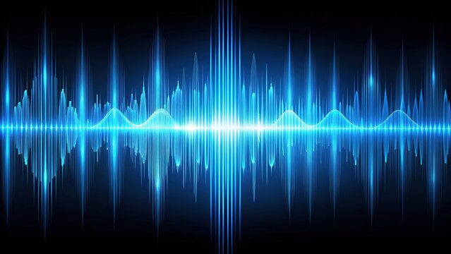 Vibrant blue sound wave oscillations ripple through a dark background, visually representing the frequency and amplitude of an audio signal in stunning visual detail.