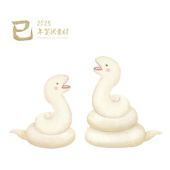 水彩タッチの可愛い白蛇の縁起物のベクターイラスト