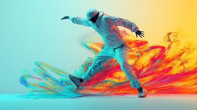 A male dancer in a white tracksuit performs a dynamic pose against a colorful, abstract background.