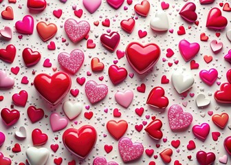 Vibrant pink and red hearts in various sizes are scattered across a bright white background surrounded by random numerical digits in a playful, whimsical design.