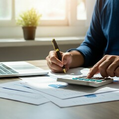 Fototapeta premium business, calculator, hand, pen, office, finance, paper, accounting, financial, woman, document, table, money, calculating, accountant, desk, writing, working