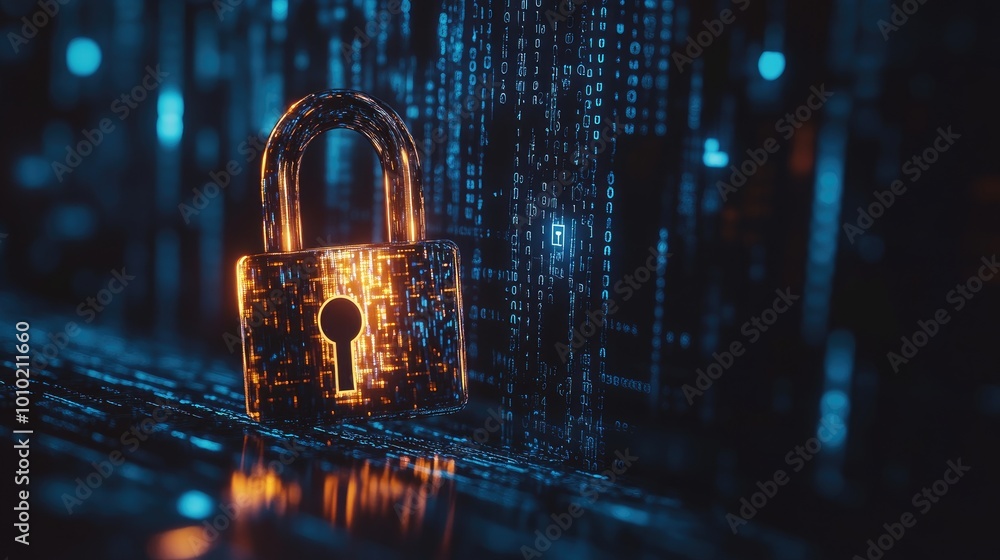 Poster illuminated padlock with digital code background