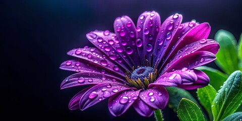A single purple flower with dew drops on its petals, illuminated by a soft light, creating a sense of tranquility and beauty