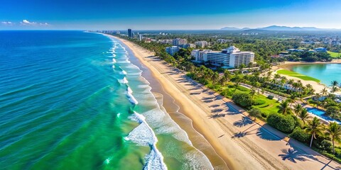 Fototapeta premium Coastal Paradise Azure Waves Embrace a Golden Shore, Palm Trees Swaying Gently in the Warm Breeze, Buildings Stand Tall on the Edge of Tranquility.