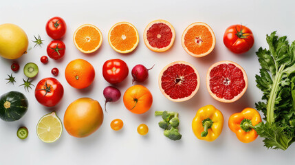 White background with cut vegetables and fruits ideal for health and health food publications.