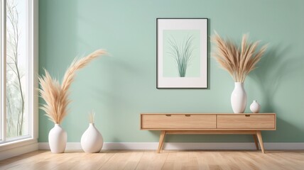 A minimalist living room scene with a light mint green background