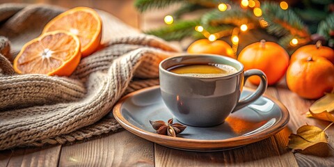 Fototapeta premium A steaming cup of coffee, a star anise, and slices of citrus fruit resting on a knitted throw on a wooden table, bathed in the warmth of soft, blurry lights.
