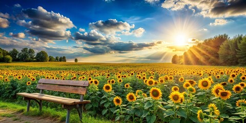 Golden Sunbeams Illuminate a Field of Sunflowers, Bathed in Warm Light, with a Rustic Wooden Bench Offering a Serene View