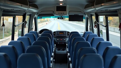 Fototapeta premium Empty bus interior with blue seats and open road view