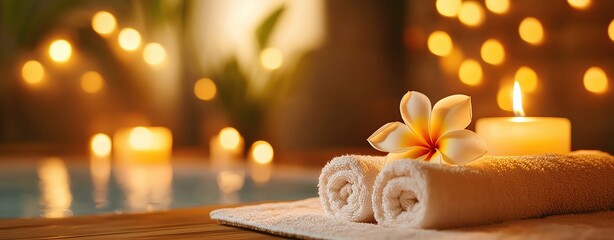 Realistic photo of a candlelit spa room with fresh plumeria frangipani flowers placed on a soft towel, highlighting a luxurious and calming retreat