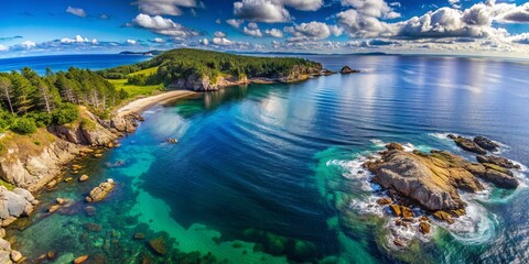 Fototapeta premium Aerial View of a Secluded Coastal Inlet with Pristine Waters, Surrounded by Lush Greenery and Rocky Outcroppings