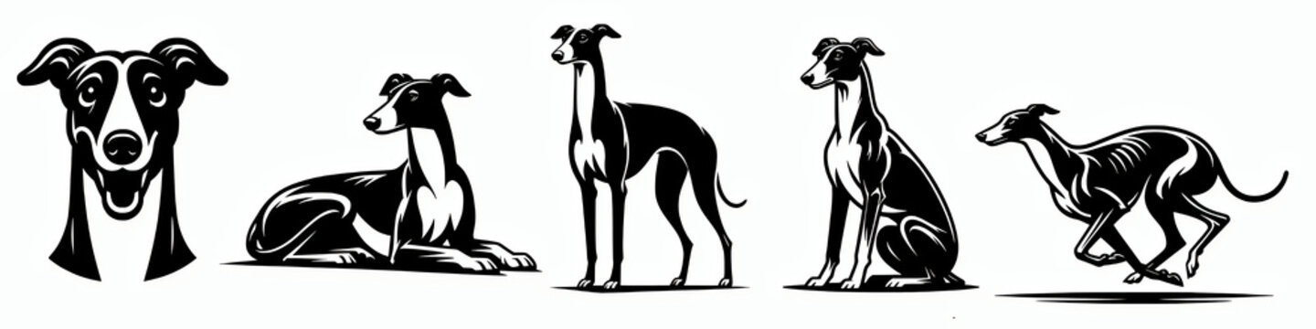 Set of greyhound vector silhouette illustration, dog clip art mascot symbol icon element collection